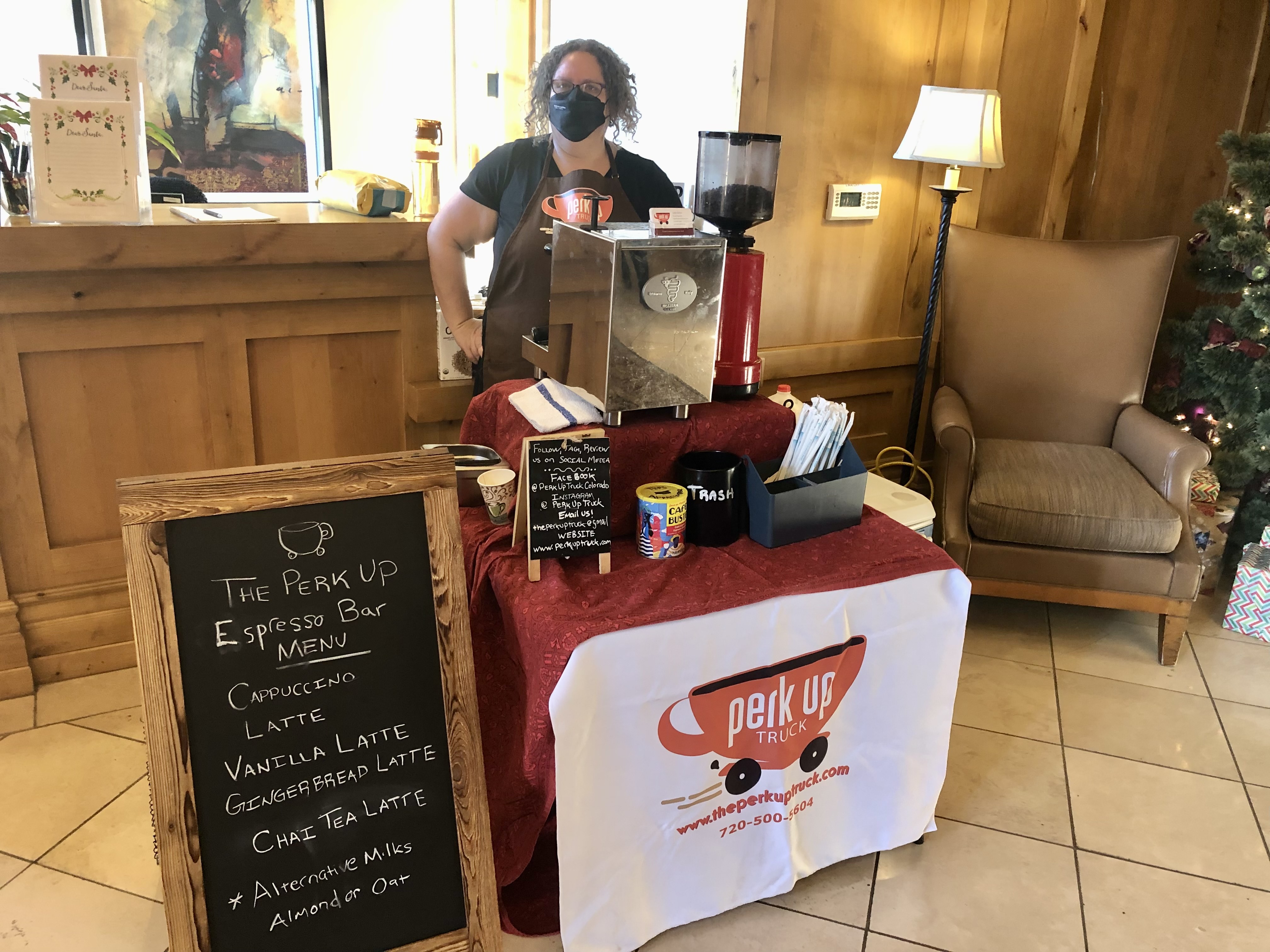 an indoor perkuptruck catering station for coffee and smoothies